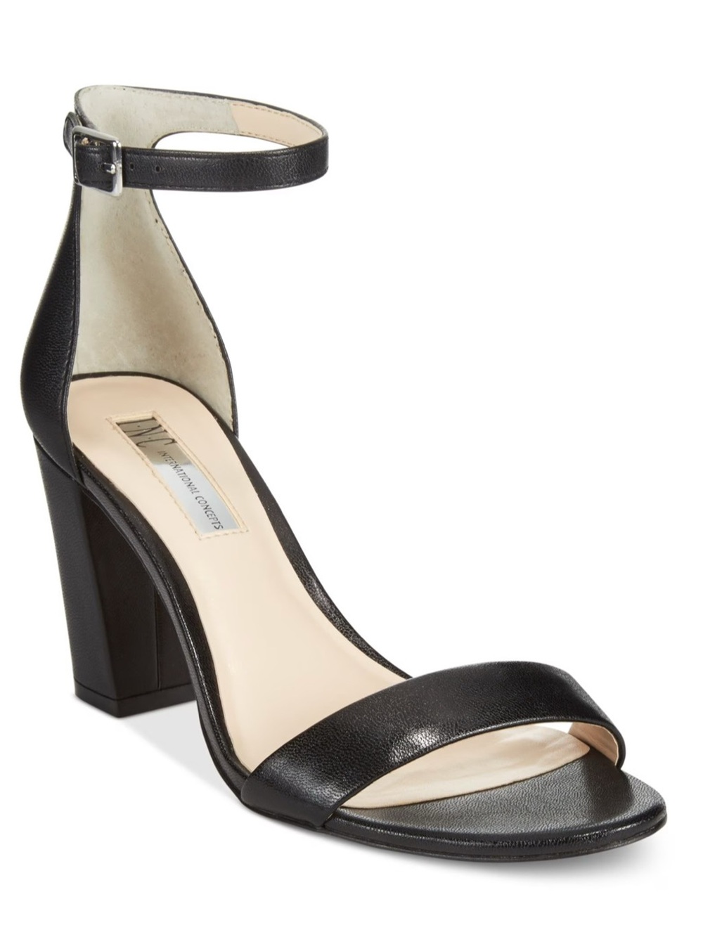 INC Kivah Ankle Strap Black Smooth Leather Sandal Block Heels Formal Evening 7.5
